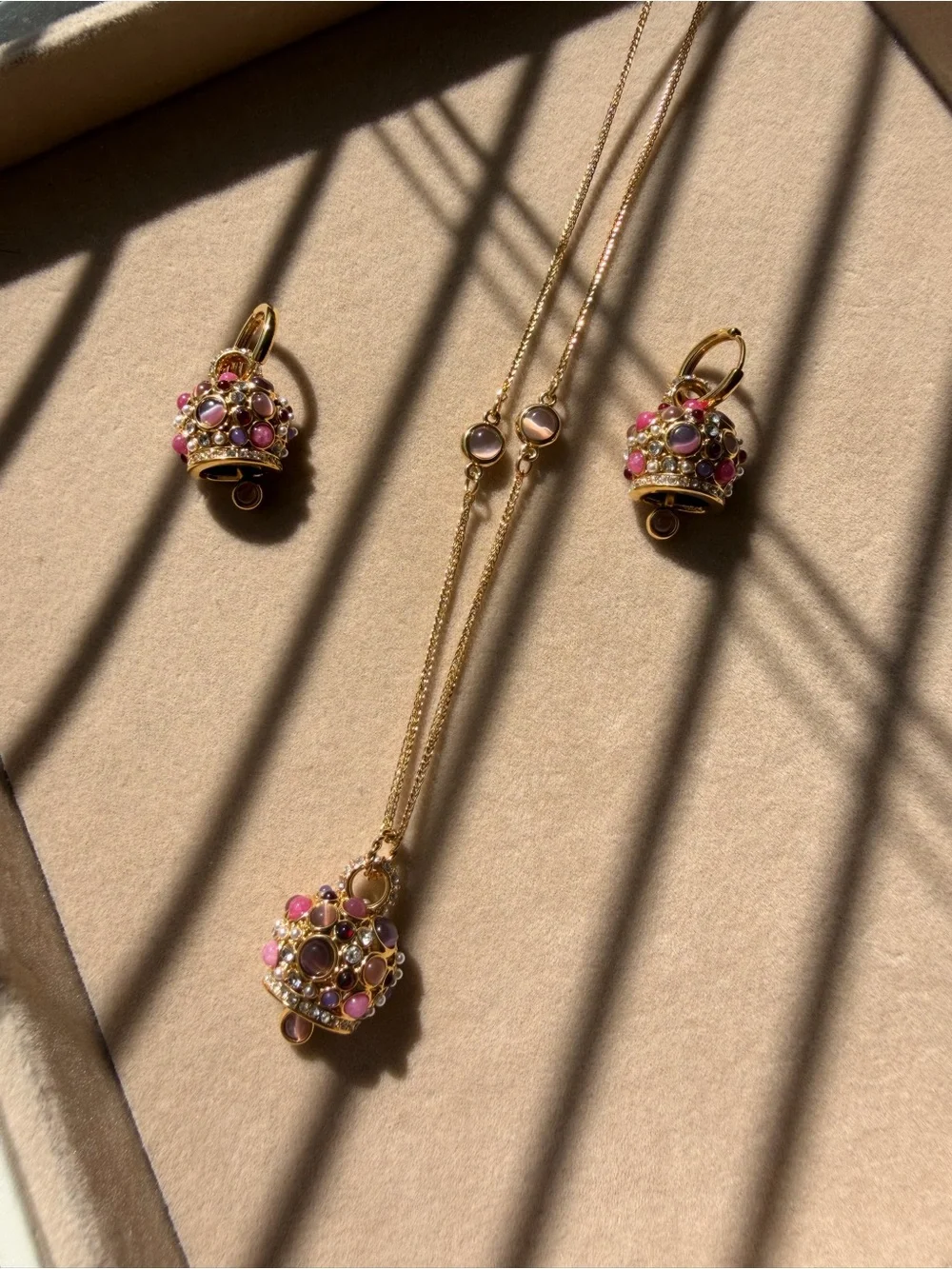 Gold Pink Multi-Stone Bell Pendant Necklace & Earrings Set